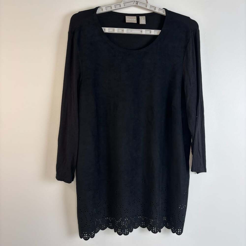 Chico's laser cut scalloped edge tunic womens L black stretch faux suede knit